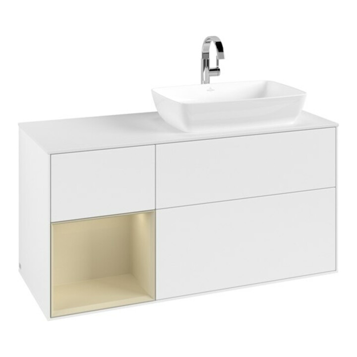V&B Meuble sous lavabo Finion 120 cm, placage bois, façade gris mat laqué, blanc mat laqué