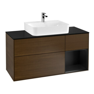 V&B Meuble sous-lavabo Finion 120 cm, placage bois, façade laquée bleu, noyer veinée