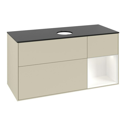 V&B Meuble sous lavabo Finion 120 cm, placage bois, face blanche laquée, poignées gris mat laqué