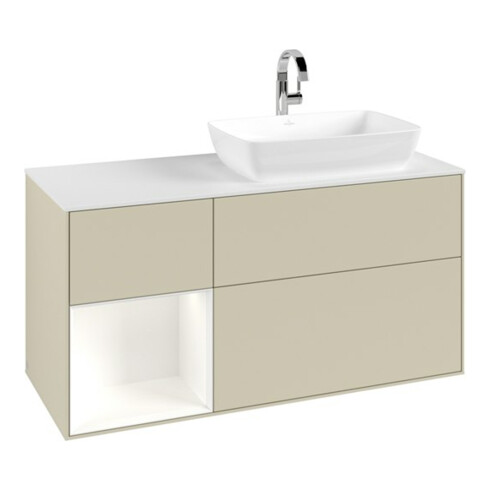 V&B Meuble sous lavabo Finion 120 cm, placage bois, face blanche mate laquée, côtés gris mat laqués