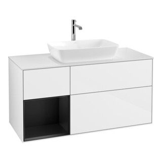 V&B Meuble sous lavabo Finion 120 cm, placage bois, face bleue avec laque blanche brillante