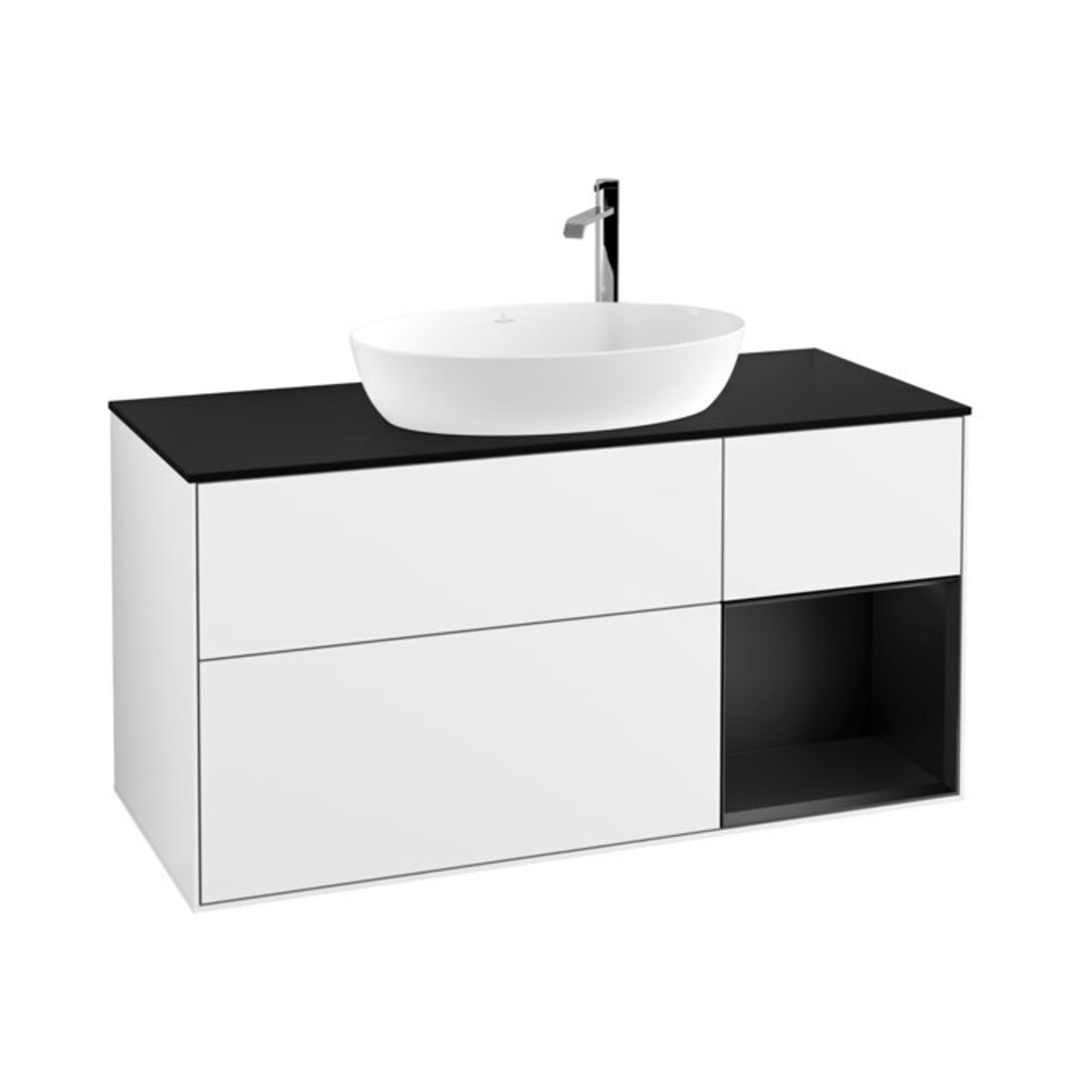 V&B Meuble sous lavabo Finion 120 cm, placage bois, face bleue, laqué blanc brillant