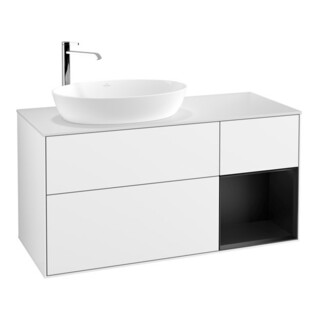 V&B Meuble sous lavabo Finion 120 cm, placage bois, face bleue mat, laque blanche brillante