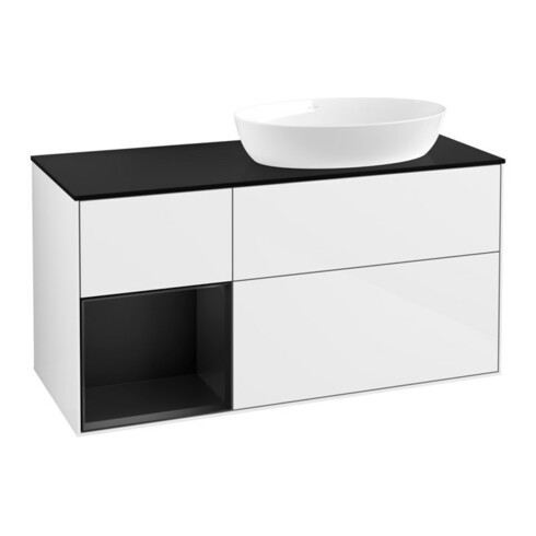 V&B Meuble sous lavabo Finion 120 cm, placage bois, face bleue mate, laque blanc brillant