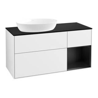 V&B Meuble sous lavabo Finion 120 cm, placage bois, face bleue mate, laque blanche brillante