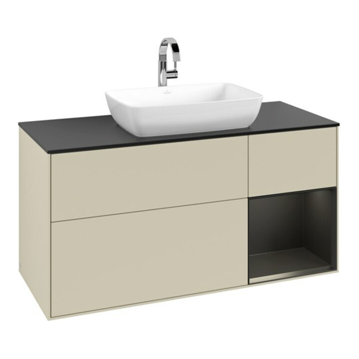 V&B Meuble sous lavabo Finion 120 cm, placage bois, face bleue mate laquée, côtés gris mat laqués