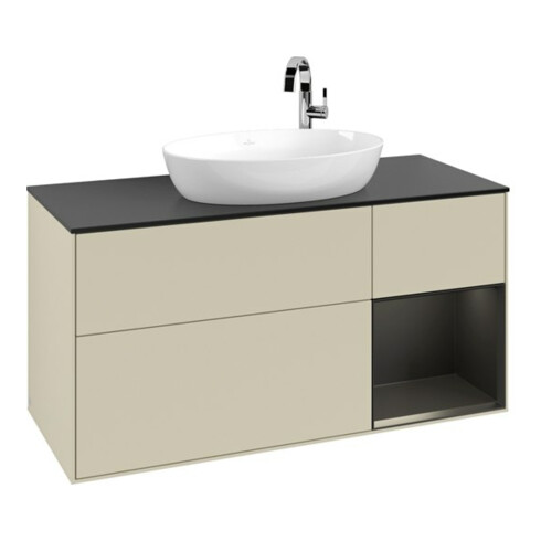 V&B Meuble sous lavabo Finion 120 cm, placage bois, face bleue mate laquée, côtés gris mate laqués