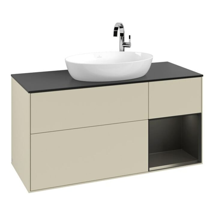 V&B Meuble sous lavabo Finion 120 cm, placage bois, face bleue mate laquée, côtés gris mate laqués