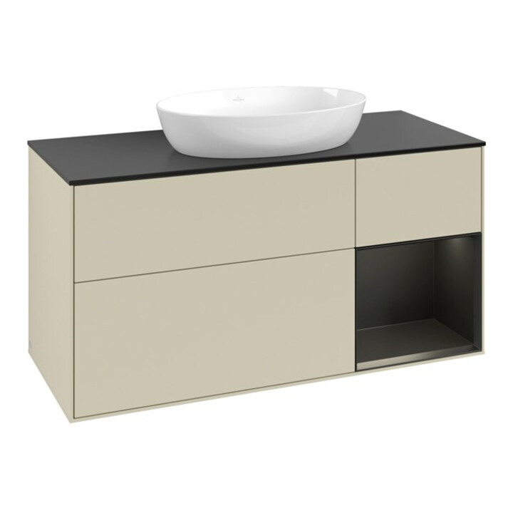 V&B Meuble sous lavabo Finion 120 cm, placage bois, face bleue mate laquée, côtés gris mate laqués