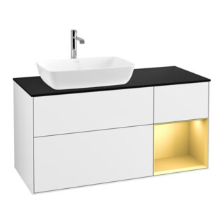 V&B Meuble sous lavabo Finion 120 cm, placage bois, face dorée mate, laque blanche brillante