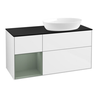 V&B Meuble sous lavabo Finion 120 cm, placage bois, face olivier, laqué blanc brillant