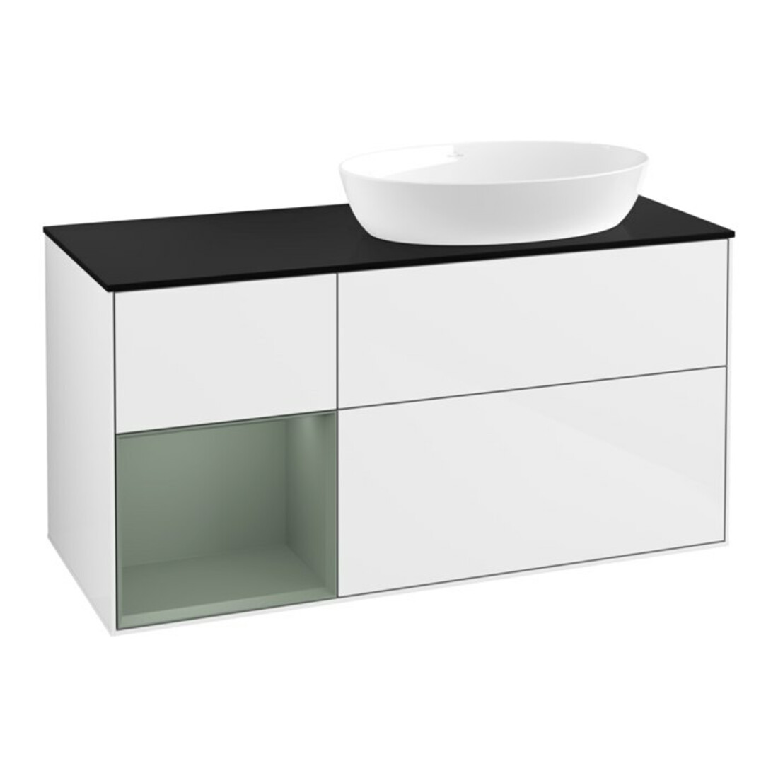 V&B Meuble sous lavabo Finion 120 cm, placage bois, face olivier, laqué blanc brillant