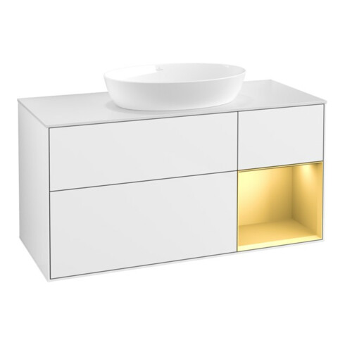 V&B Meuble sous lavabo Finion 120 cm, placage bois, face or mat laqué, blanc brillant laqué