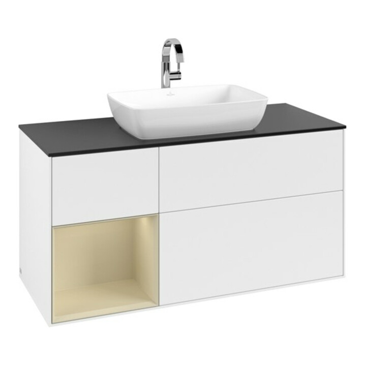 V&B Meuble sous lavabo Finion 120 cm, placage bois, gris clair mat laqué, blanc mat laqué