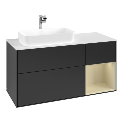 V&B Meuble sous lavabo Finion 120 cm, placage bois, gris clair mat, laqué bleu mat