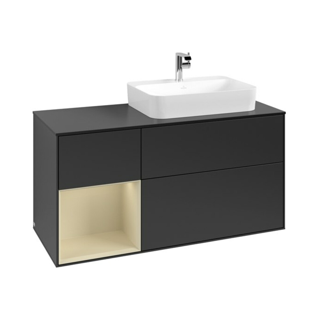 V&B Meuble sous lavabo Finion 120 cm, placage bois, gris clair mat, laqué bleu mat