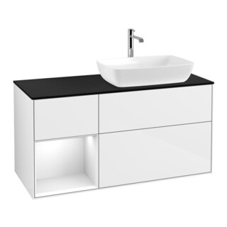 V&B Meuble sous lavabo Finion 120 cm, placage bois, gris, laqué blanc brillant