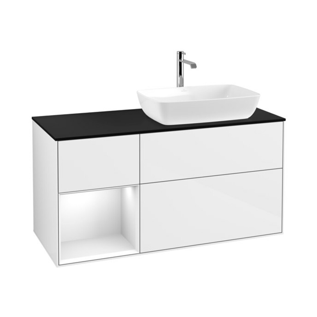 V&B Meuble sous lavabo Finion 120 cm, placage bois, gris, laqué blanc brillant