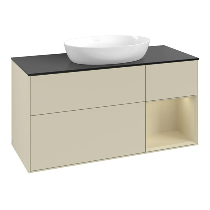 V&B Meuble sous lavabo Finion 120 cm, placage bois, gris mat avec laque, gris brillant avec laque