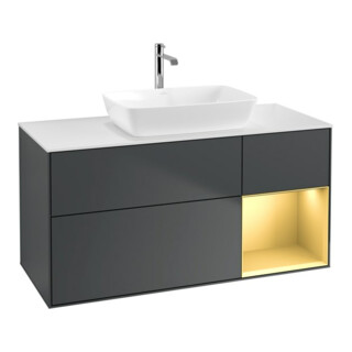 V&B Meuble sous lavabo Finion 120 cm, placage bois, gris mat laqué, avec éclairage mural