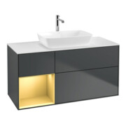 V&B Meuble sous lavabo Finion 120 cm, placage bois, gris mat laqué, avec plan de toilette blanc laqué-1