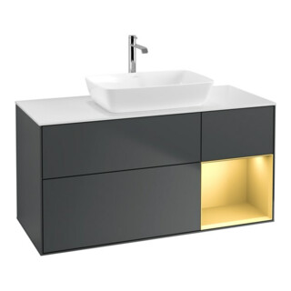 V&B Meuble sous lavabo Finion 120 cm, placage bois, gris mat laqué, avec plancher blanc laqué
