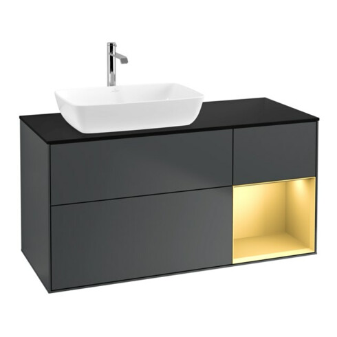 V&B Meuble sous lavabo Finion 120 cm, placage bois, gris mat laqué, avec plancher mat laqué