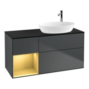 V&B Meuble sous lavabo Finion 120 cm, placage bois, gris mat laqué, poignée bleue mat laquée