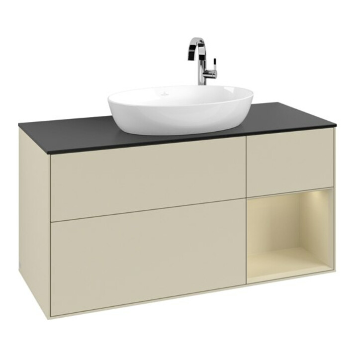 V&B Meuble sous lavabo Finion 120 cm, placage bois, gris satin mat, laqué gris mat
