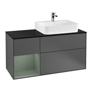 V&B Meuble sous lavabo Finion 120 cm, placage bois, laque anthracite, éclairage mural
