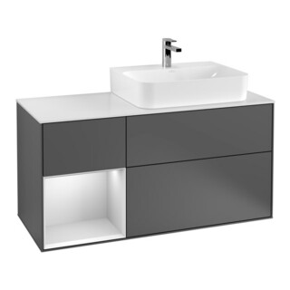 V&B Meuble sous lavabo Finion 120 cm, placage bois, laque anthracite mat, éclairage mural