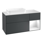 V&B Meuble sous lavabo Finion 120 cm, placage bois, laqué blanc, avec miroir bleu-1