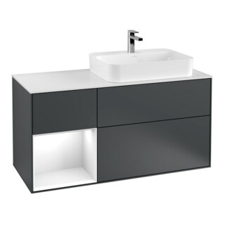 V&B Meuble sous lavabo Finion 120 cm, placage bois, laqué blanc, avec tiroirs, bleu mat, avec laque