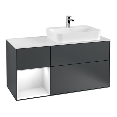 V&B Meuble sous lavabo Finion 120 cm, placage bois, laqué blanc, avec tiroirs, bleu mat, avec laque
