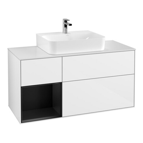 V&B Meuble sous lavabo Finion 120 cm, placage bois, laqué blanc brillant