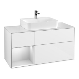 V&B Meuble sous lavabo Finion 120 cm, placage bois, laqué blanc brillant