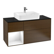 V&B Meuble sous lavabo Finion 120 cm, placage bois, laqué blanc brillant, noyer veneer
