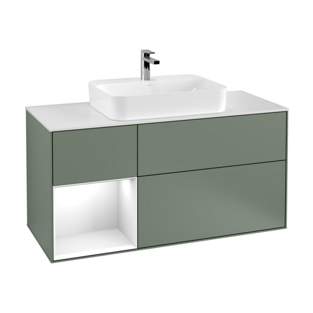 V&B Meuble sous lavabo Finion 120 cm, placage bois, laqué blanc brillant, olivier mat laqué