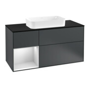 V&B Meuble sous lavabo Finion 120 cm, placage bois, laqué blanc mat, avec poignée laquée bleue