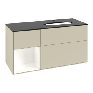 V&B Meuble sous lavabo Finion 120 cm, placage bois, laqué blanc mat, poignée gris mat laqué