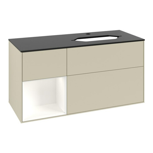 V&B Meuble sous lavabo Finion 120 cm, placage bois, laqué blanc mat, poignée gris mat laqué