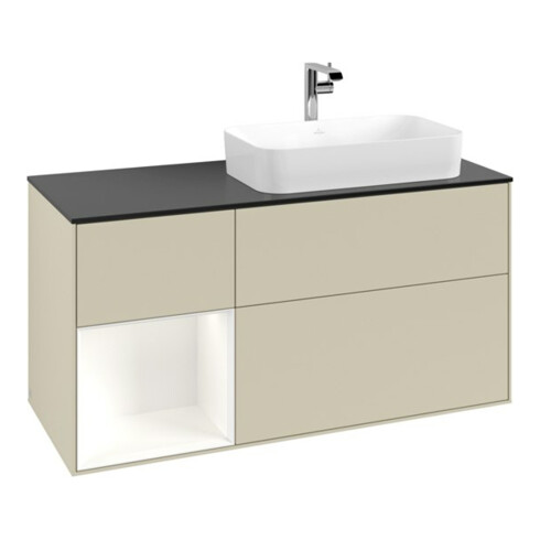 V&B Meuble sous lavabo Finion 120 cm, placage bois, laqué blanc mat, poignée gris mat laqué