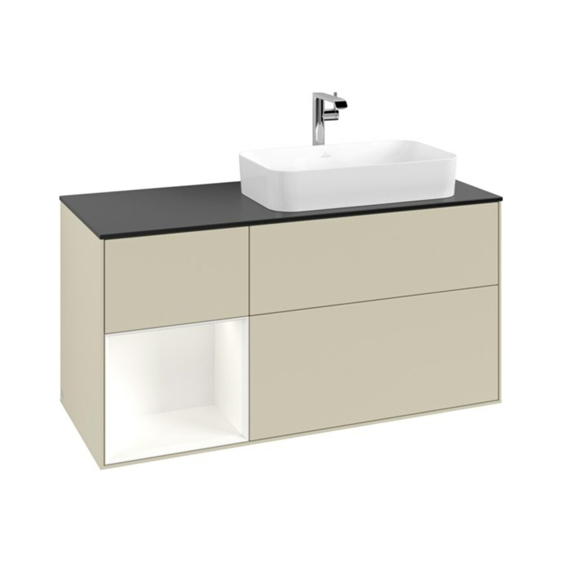 V&B Meuble sous lavabo Finion 120 cm, placage bois, laqué blanc mat, poignée gris mat laqué