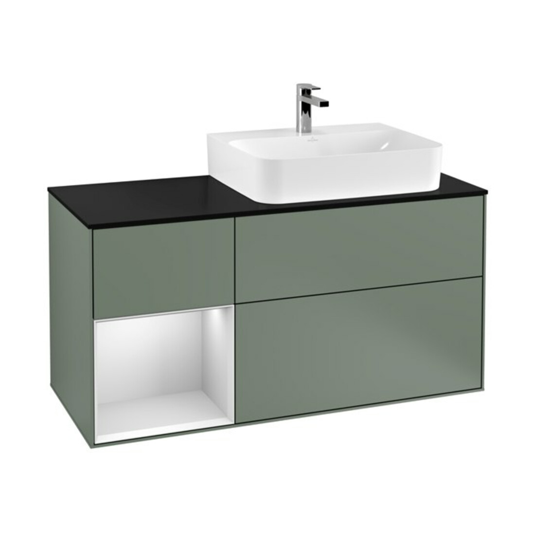 V&B Meuble sous lavabo Finion 120 cm, placage bois, laque blanc mat, poignée métal laqué