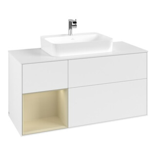V&B Meuble sous lavabo Finion 120 cm, placage bois, laqué blanc, poignée métal