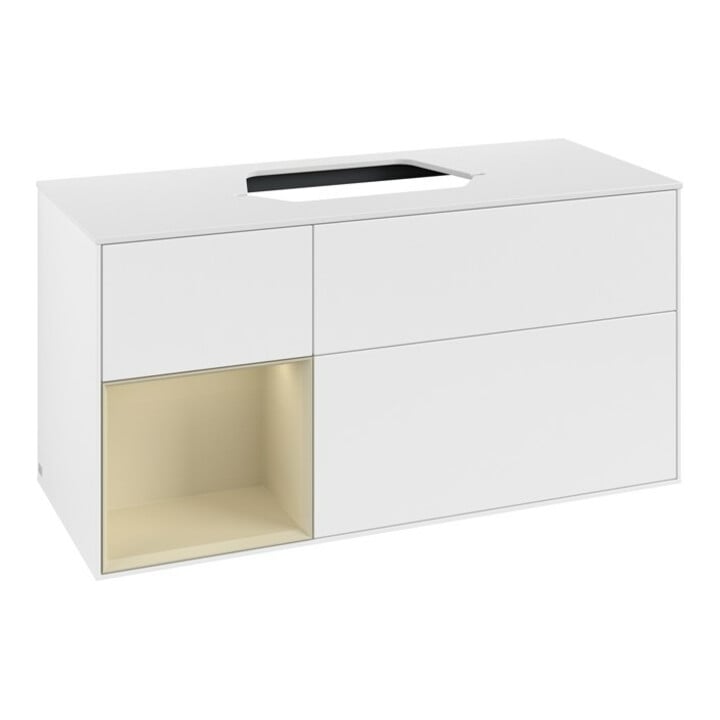 V&B Meuble sous lavabo Finion 120 cm, placage bois, laqué blanc, poignée métal