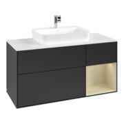 V&B Meuble sous lavabo Finion 120 cm, placage bois, laqué blanc, poignée métal laiton, bleu mat lacqué