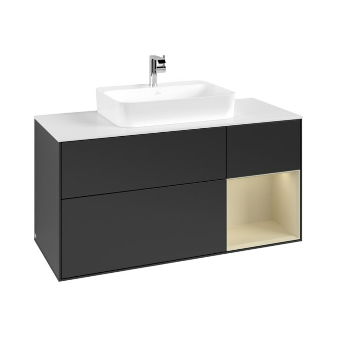 V&B Meuble sous lavabo Finion 120 cm, placage bois, laqué blanc, poignée métal laiton, bleu mat lacqué