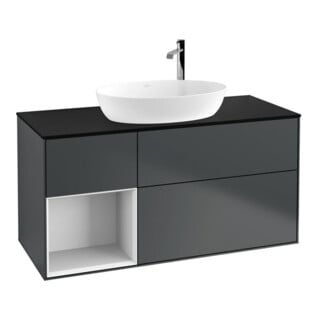 V&B Meuble sous lavabo Finion 120 cm, placage bois, laque gris, avec façade laque bleue