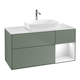 V&B Meuble sous lavabo Finion 120 cm, placage bois, laque gris clair, olivier mat laqué